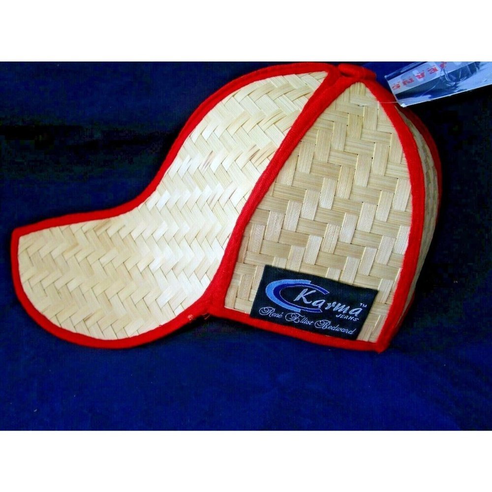 Karma Jeans Woven Straw Baseball Cap Red Fabric Seams New With Tag Size M